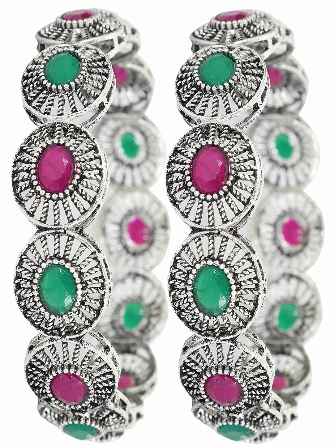 

ZULKA Set of 2 Alloy Oxidized Metal with Ruby Glossy Finished Kada Bangles, Silver