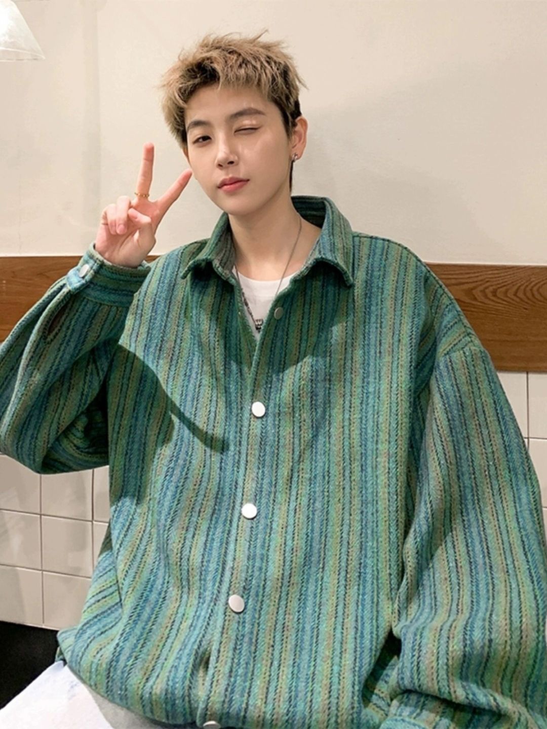 

HERE&NOW Men Original Vertical Striped Oversized Casual Shirt, Green
