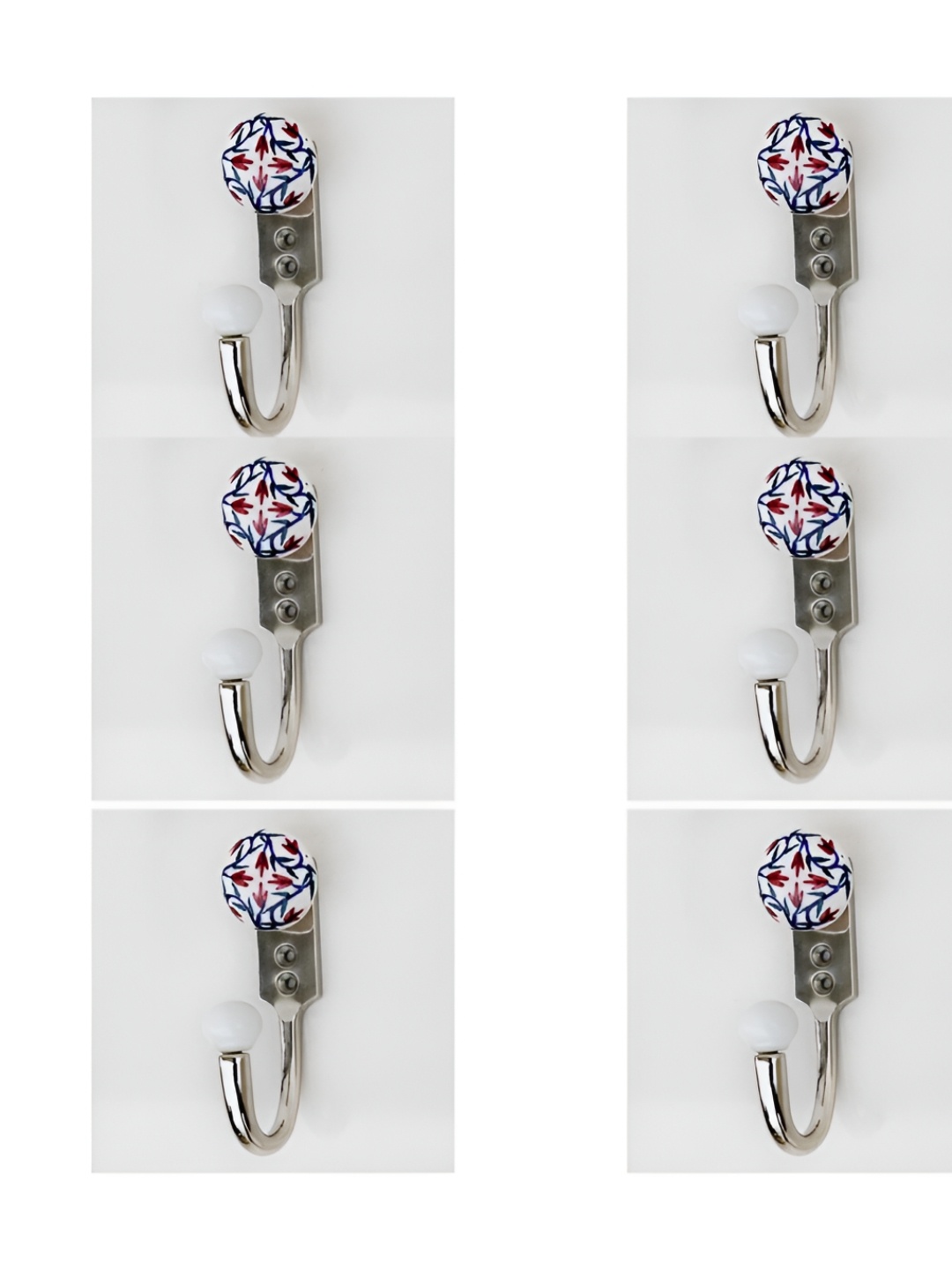 

IndianShelf White & Blue 6 Pcs Floral Printed Ceramic & Zinc Wall Hooks