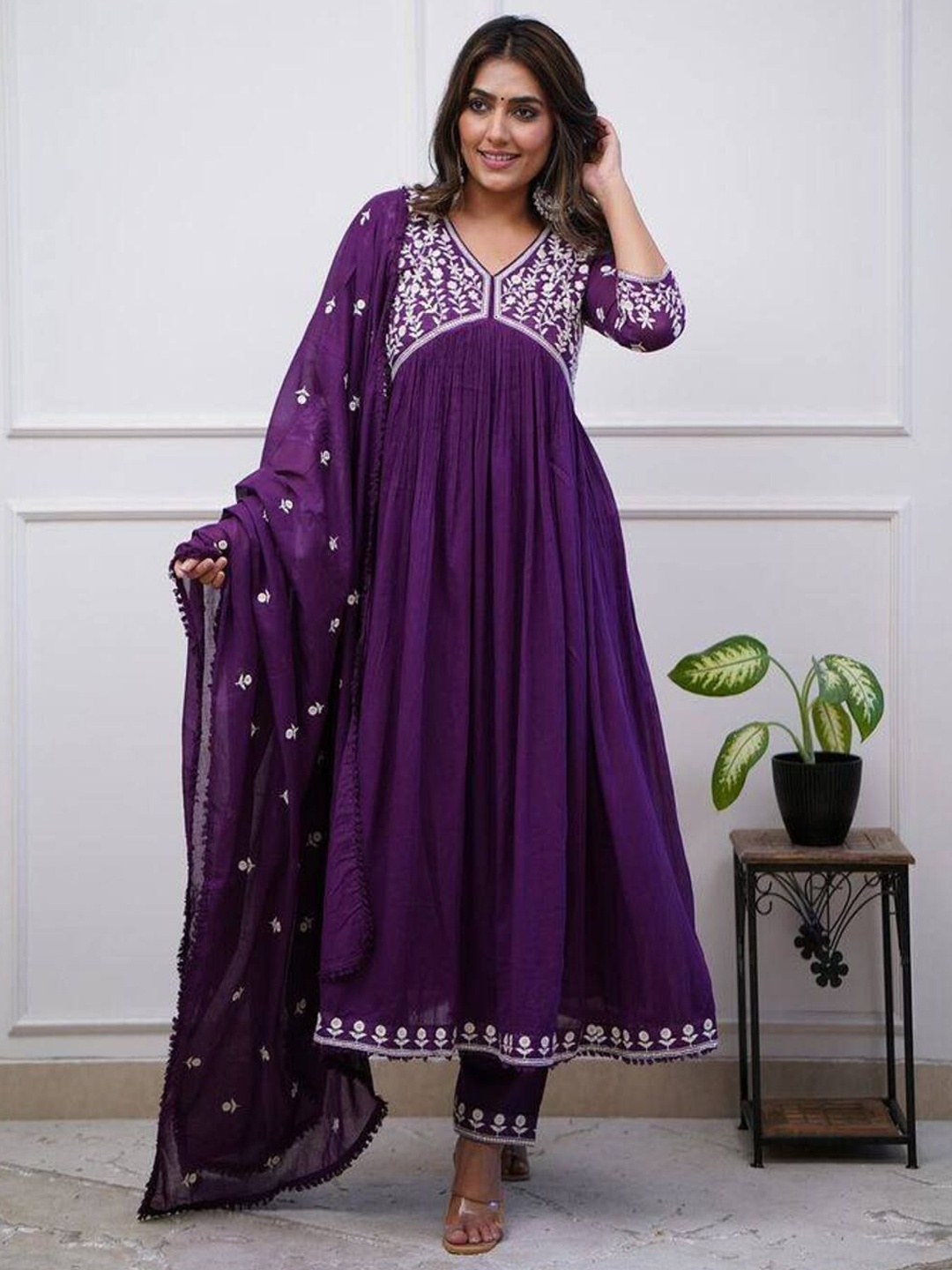 

SHIJILA Floral Embroidered V-Neck Empire Anarkali Kurta With Trouser With Dupatta, Purple