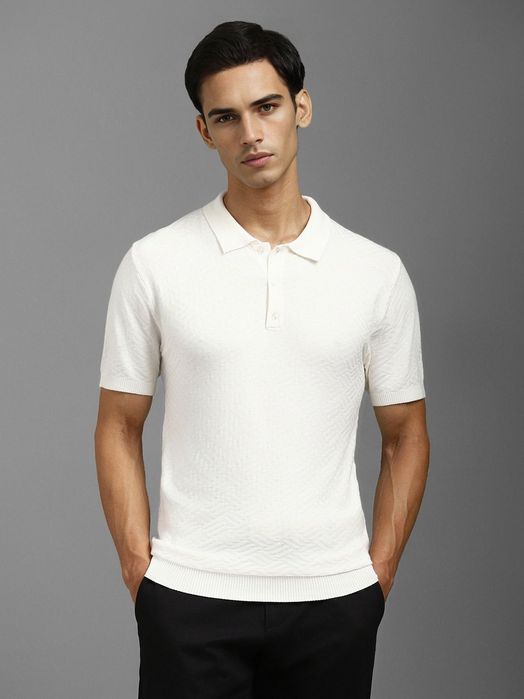

Louis Philippe Men Self Design Polo Collar T-shirt, White