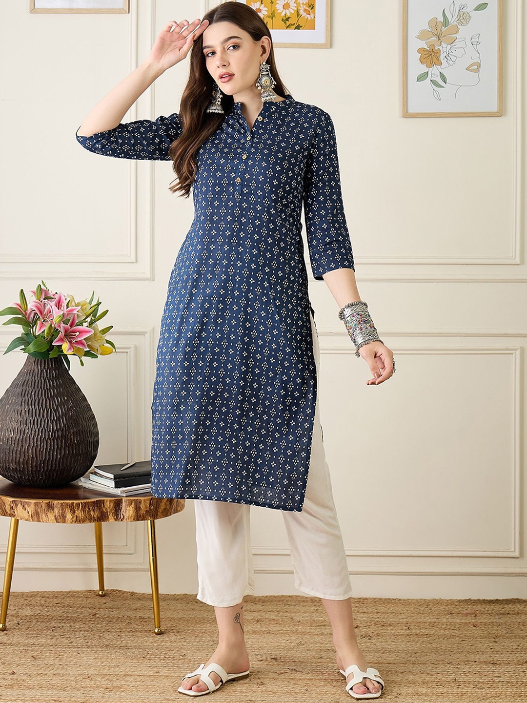 

Anouk Pure Cotton Geometric Printed Mandarin Collar Straight Kurta, Blue