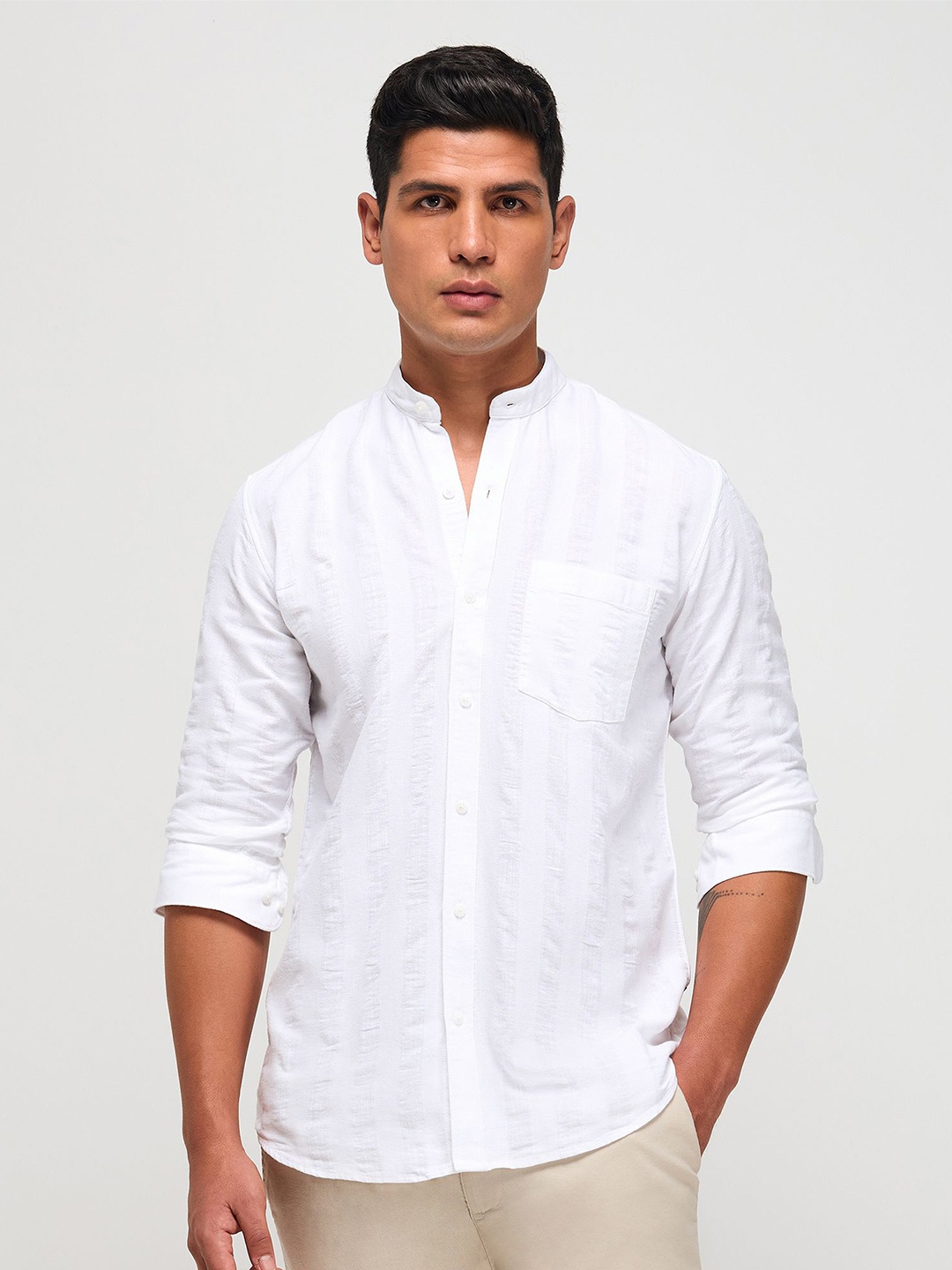 

Red Flame Men Band Collar Textured Cotton Casual Shirt, White