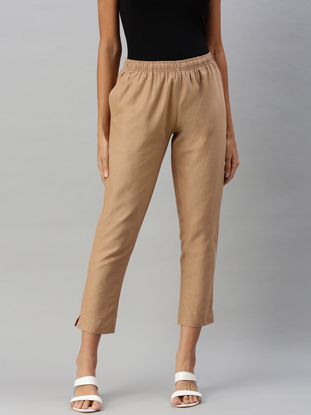 

IndianRang Women Relaxed Regular Fit Mid-Rise Pure Cotton Trousers, Beige