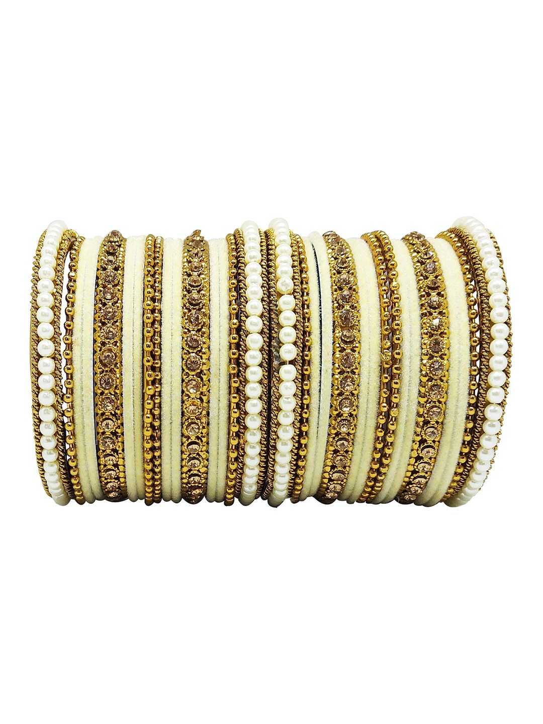 

CHRISHAN Set Of 32 Stones-Studded & Beaded Bangles, Beige