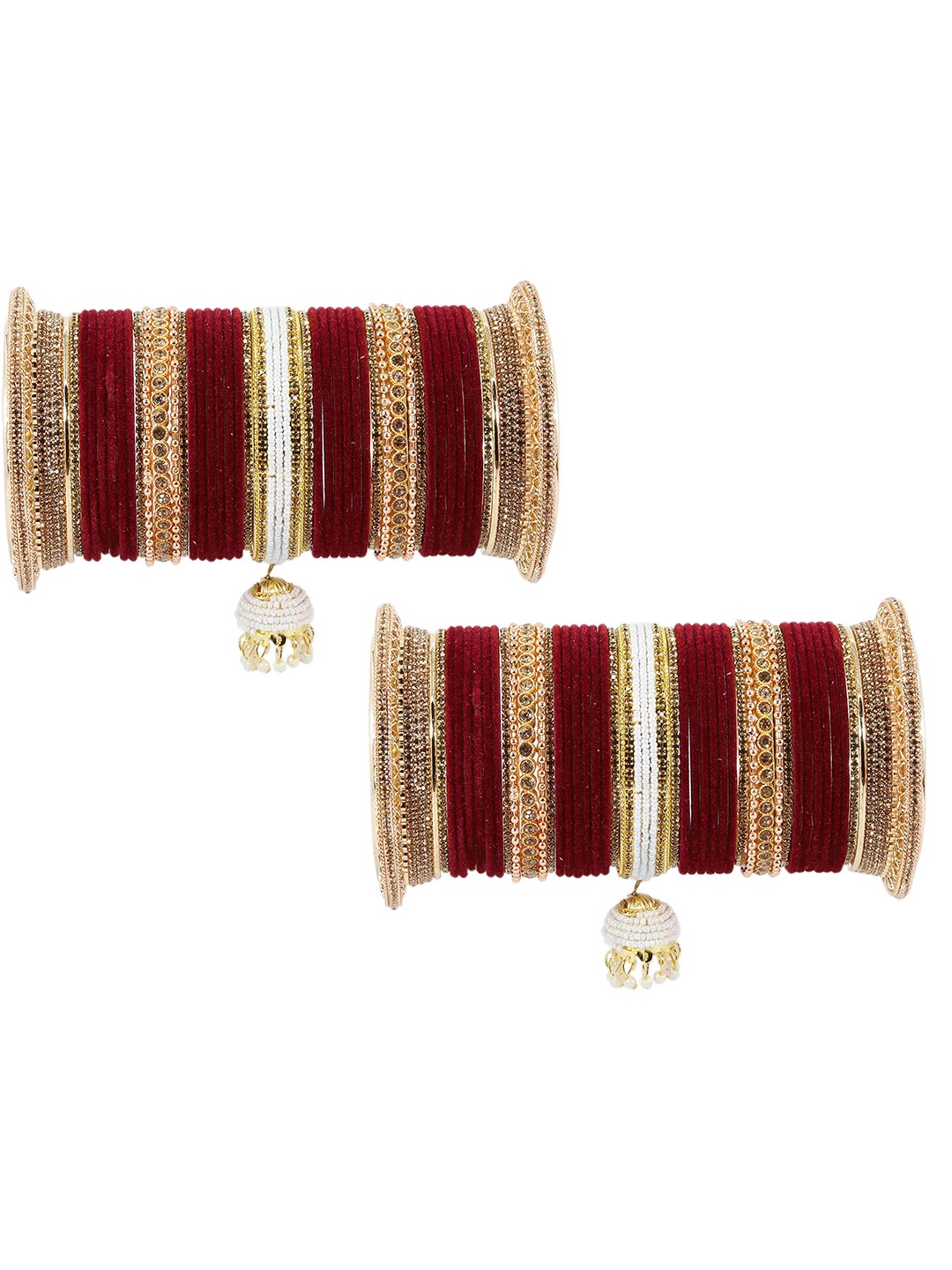 

ZULKA Set of 82 Metal Zircon Gemstone with Pearls Studded Kaleere Type Latkan, Red