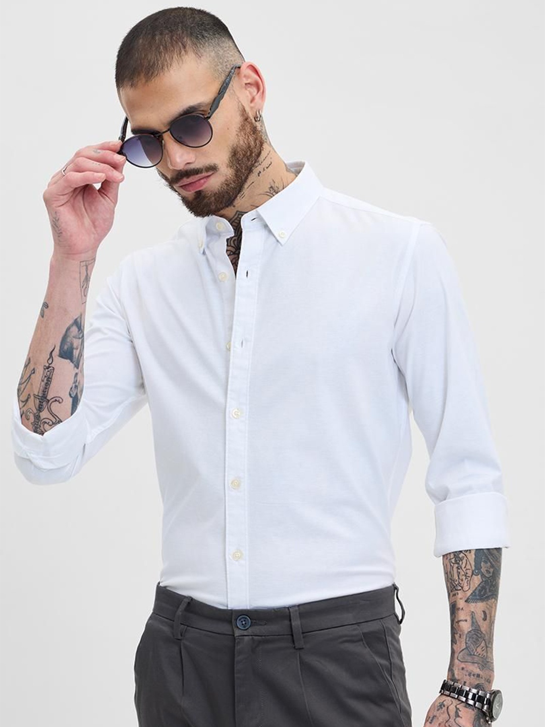 

Snitch Men Smart Button-Down Collar Solid Cotton Slim Fit Formal Shirt, White