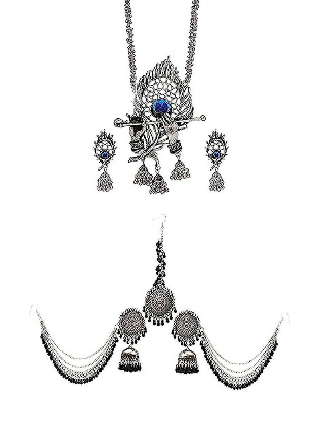 

SUNHARI Stone Studded Necklace & Earrings With Maang Tika, Silver