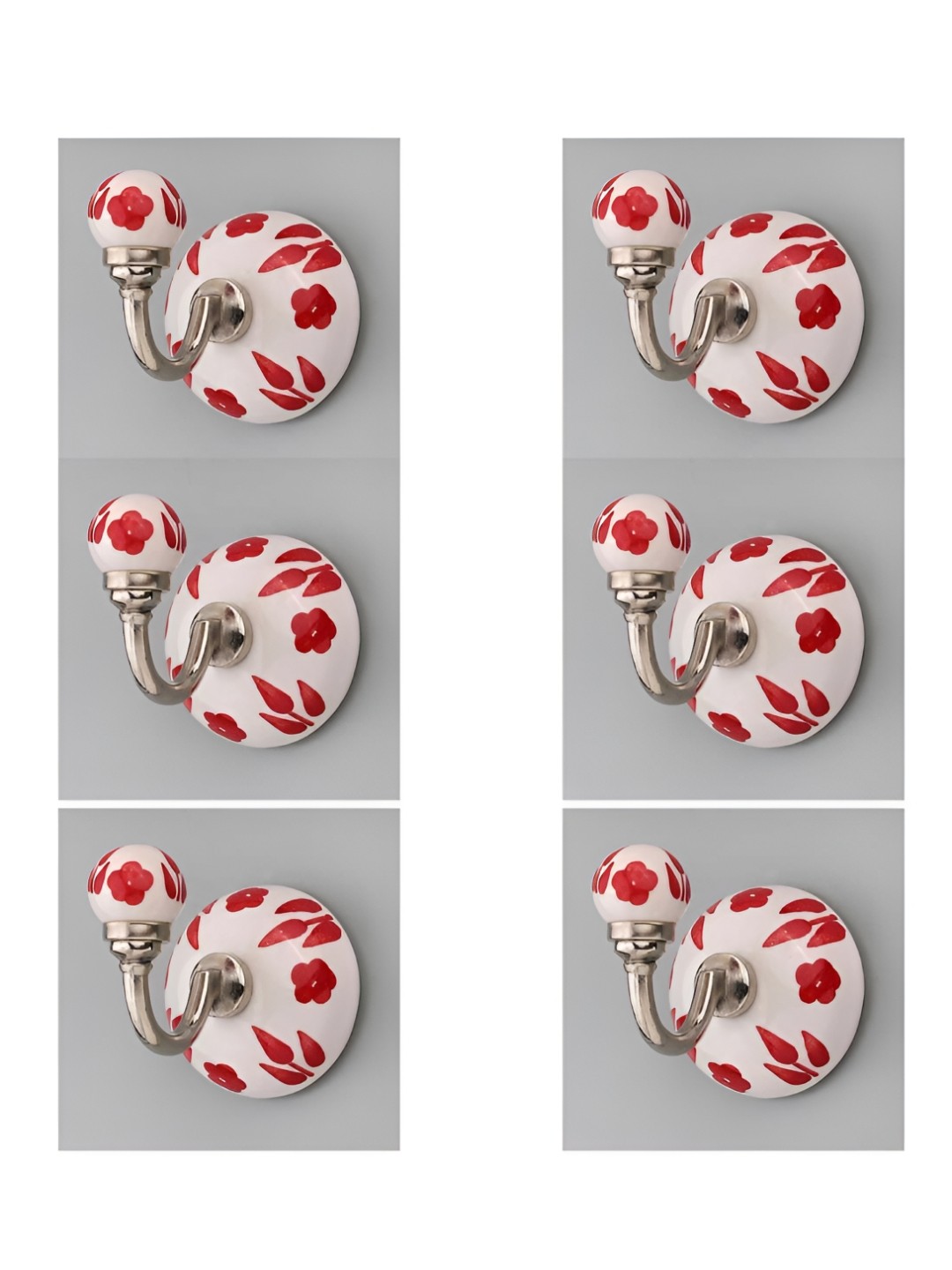 

IndianShelf White & Red 6 Pieces Ceramic Floral Cloth Hangers Coat Hooks