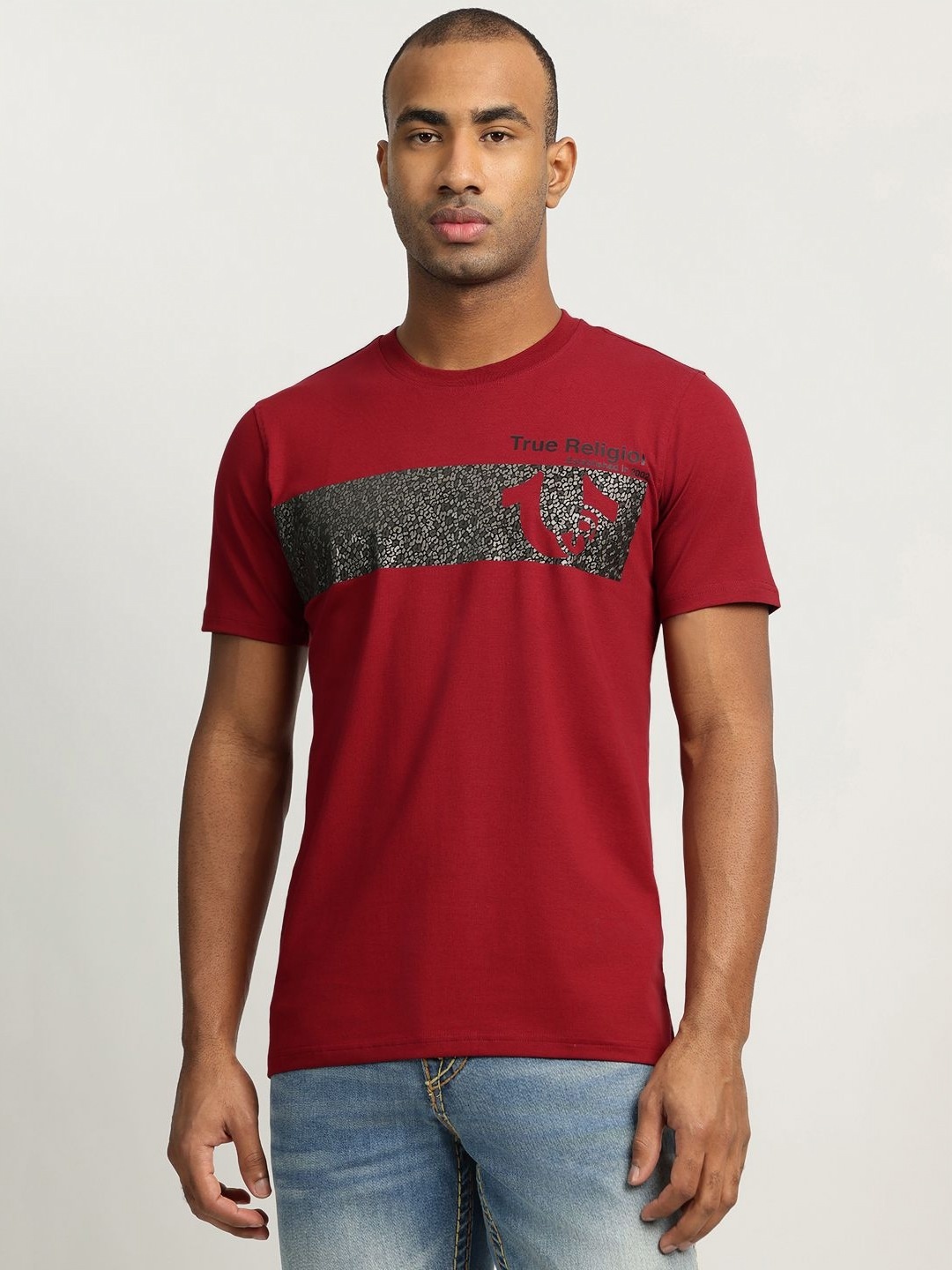 

True Religion Men Graphic Printed Round Neck Cotton T-shirt, Maroon