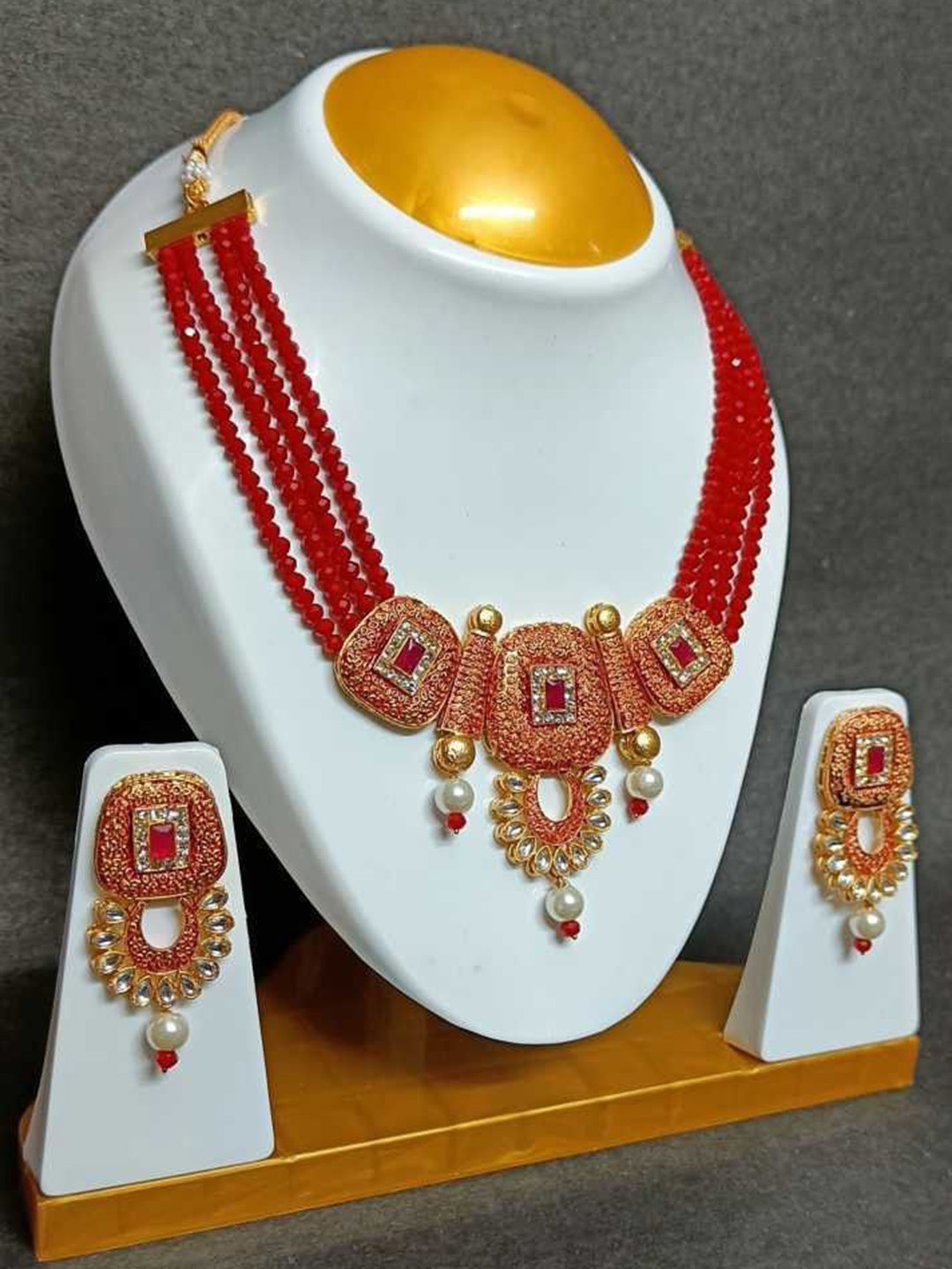 

SUNHARI Brass Plated Artificial Stone Studded & Beaded Jewellery Set, Gold