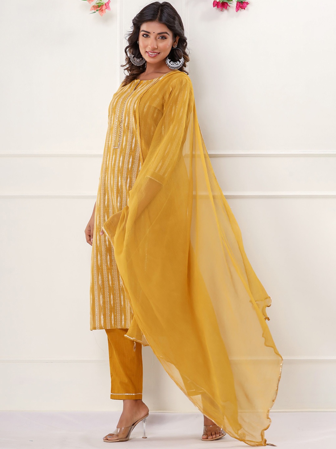 

KALINI Geometric Ikat Printed Gotta Patti Pure Cotton Kurta with Trouser & Dupatta, Mustard