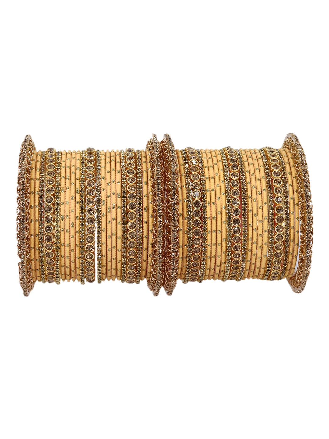 

Set of 46 Non-Precious Metal Base and studded with Zircon Gemstone or Zari Dotted Bangles, Yellow