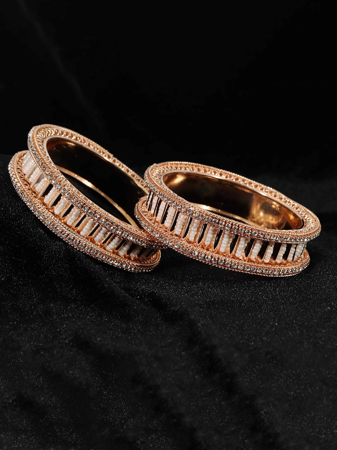 

ZULKA Set of 2 Rose Gold Plated Traditional American Diamond Stone Metal Kada Bangles