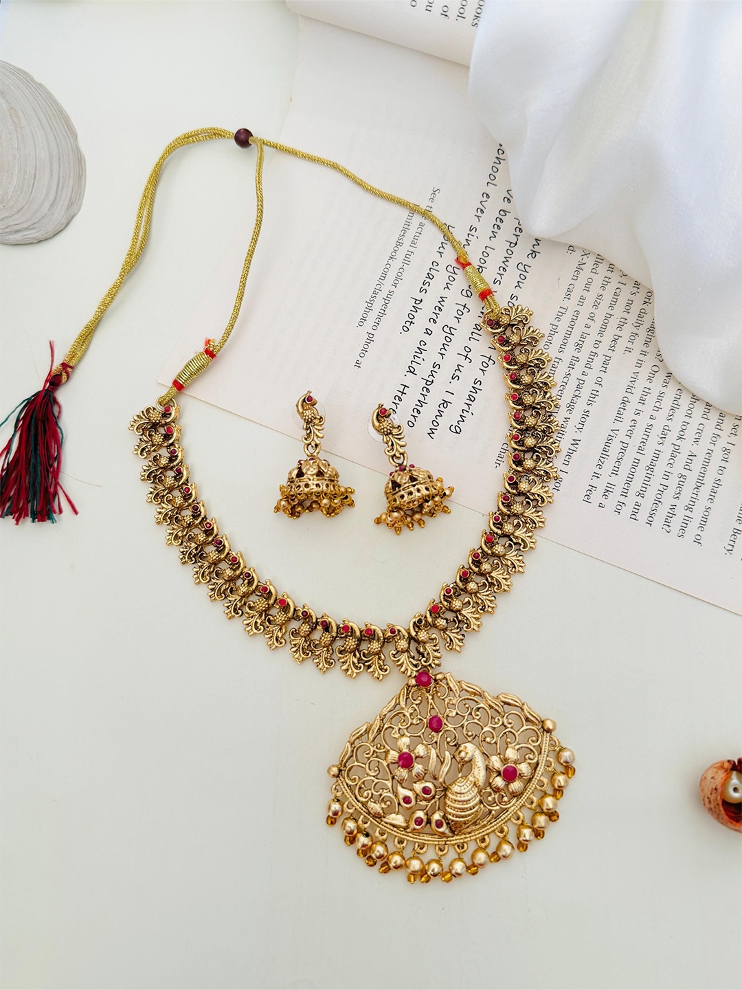 

ABDESIGNS Enchanting Gold-Plated Stone Studded & Beaded Temple Jewellery Set