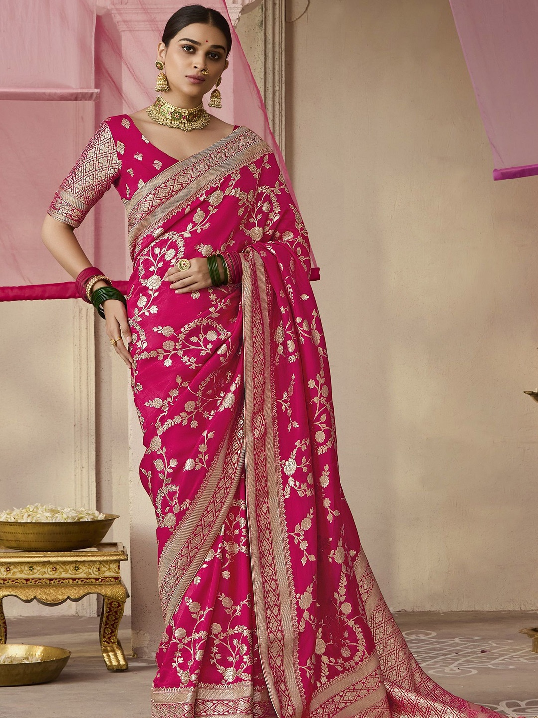 

MAHALASA Woven Design Zari Pure Silk Banarasi Saree, Pink