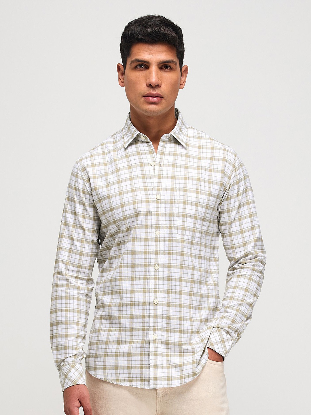 

Red Flame Men Spread Collar Tartan Checked Cotton Casual Shirt, Brown