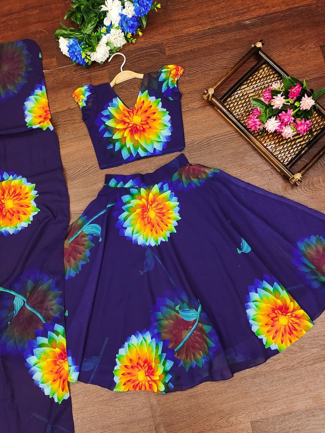 

BAESD Girls Printed Ready to Wear Lehenga & Blouse With Dupatta, Blue