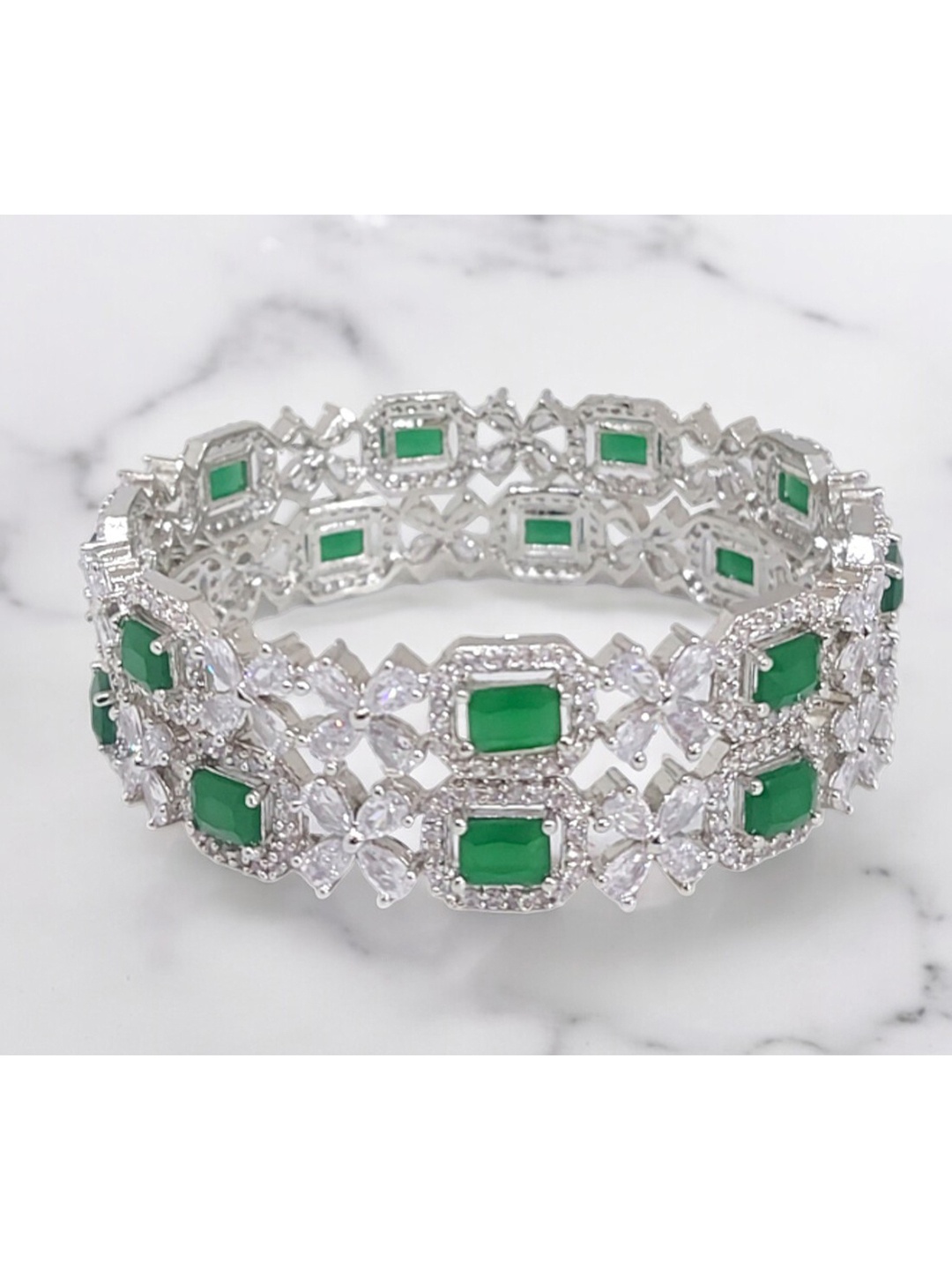 

CHRISHAN Set Of 2 Rhodium Plated Crystals Studded Bangles, Silver