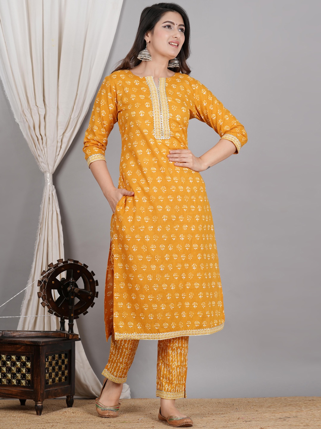 

SIGNORIA Floral Printed Round Neck Regular Pure Cotton Straight Kurta With Trouser, Yellow