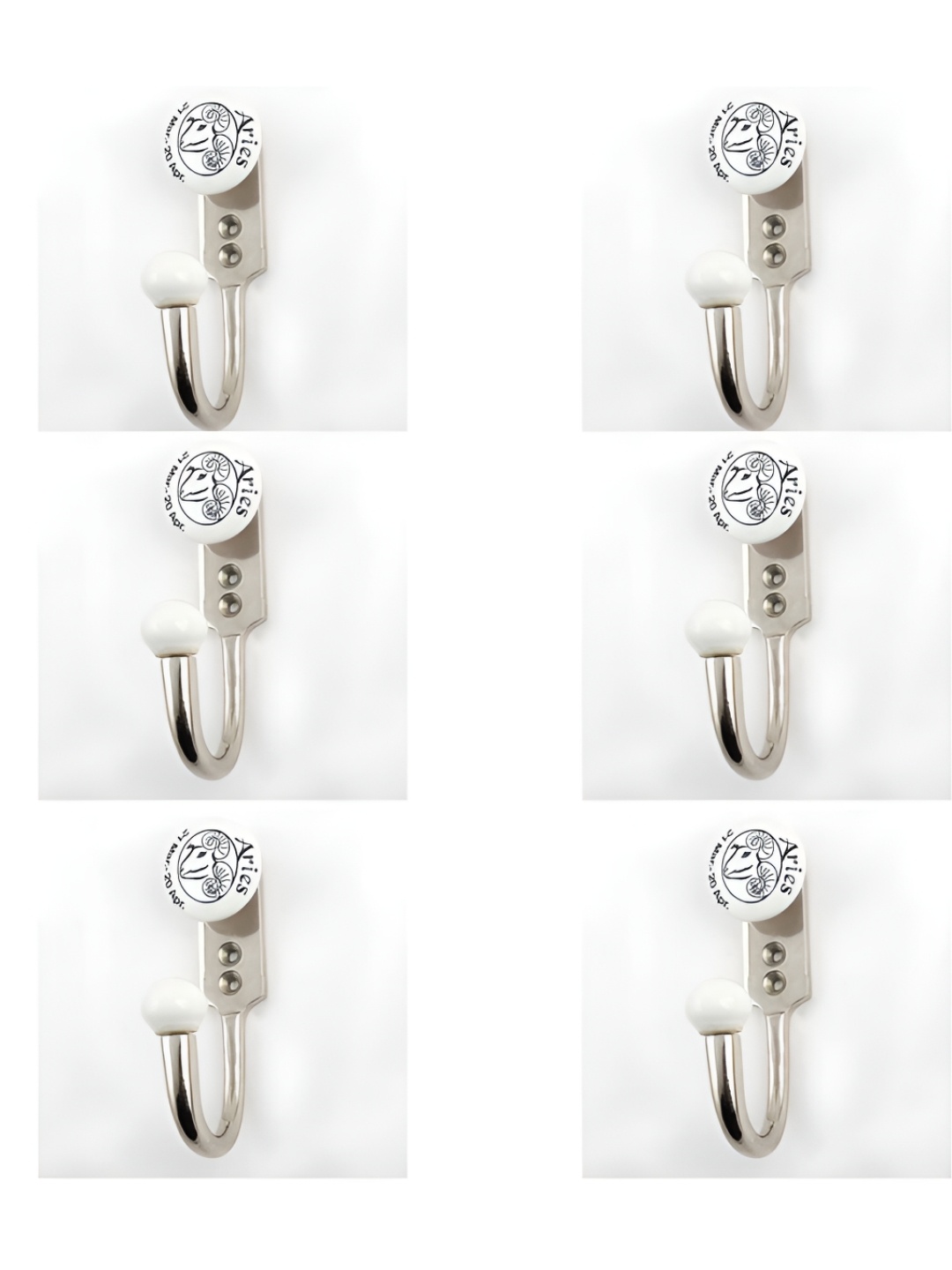 

IndianShelf Silver-Toned & White 6 Pieces Aries Printed Ceramic Wall Hooks