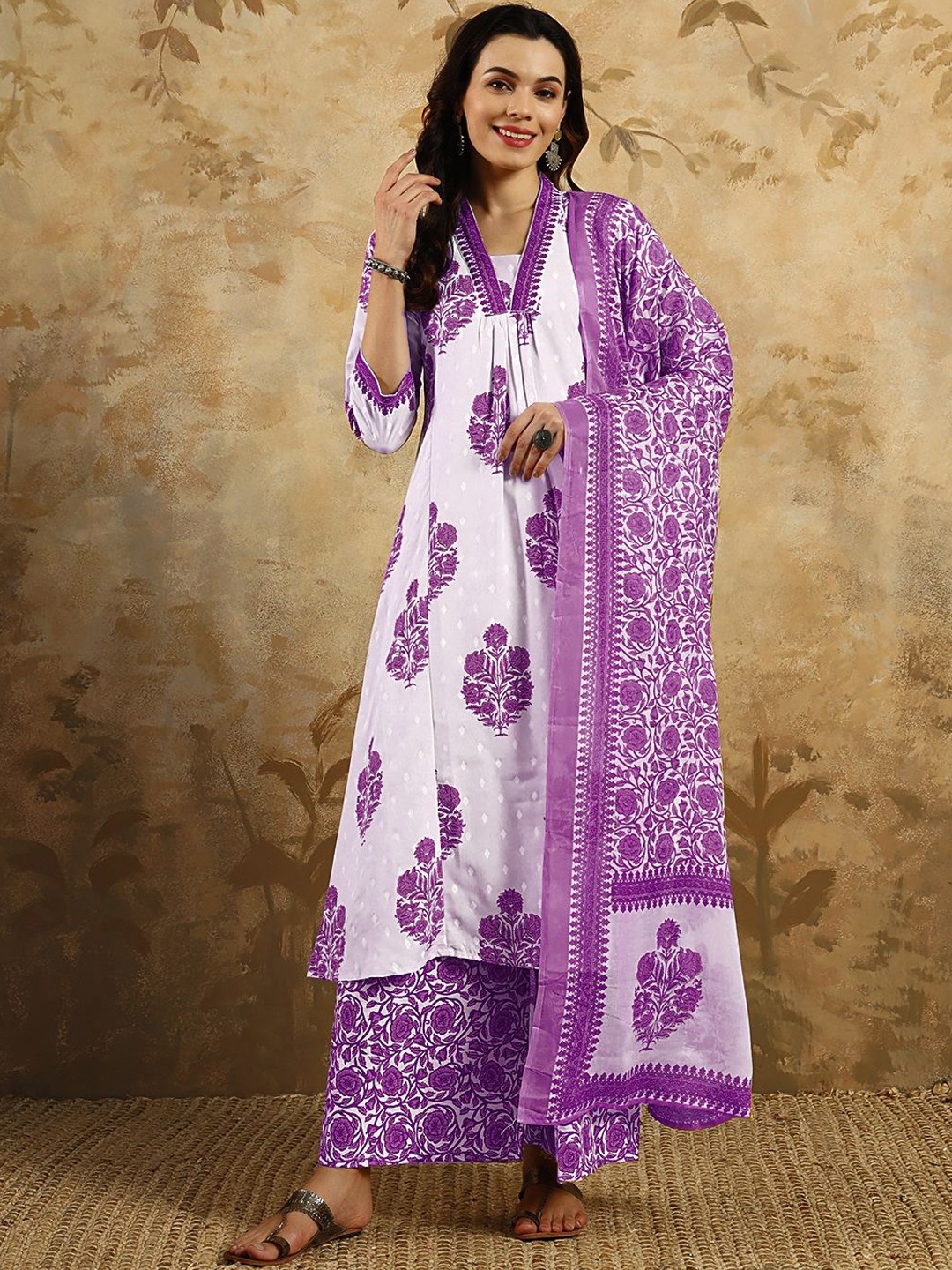 

THE52 Women Ethnic Motifs Printed Regular Pure Cotton Kurta with Trousers & With Dupatta, Purple