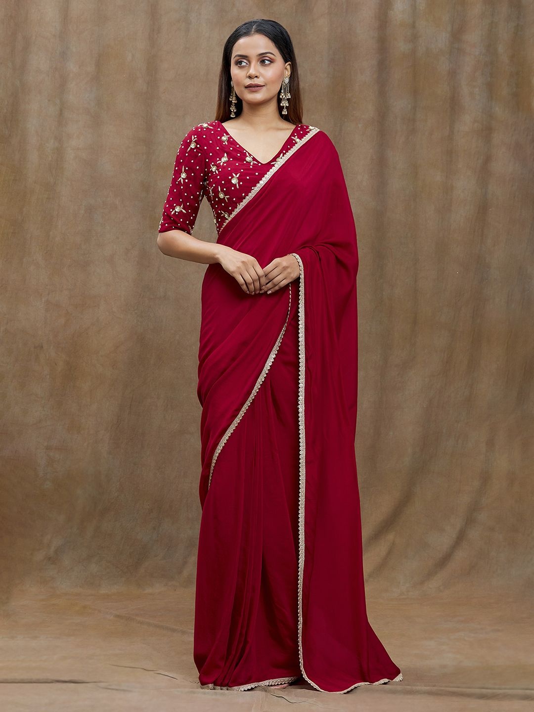 

Samyukta Singhania Sequinned Pure Silk Chanderi Saree, Red