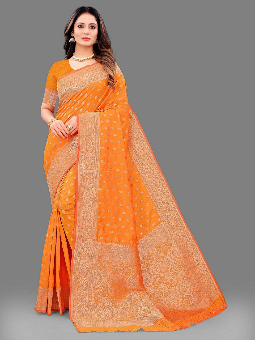 

VARNI FABRICS Woven Design Zari Pure Silk Saree, Mustard