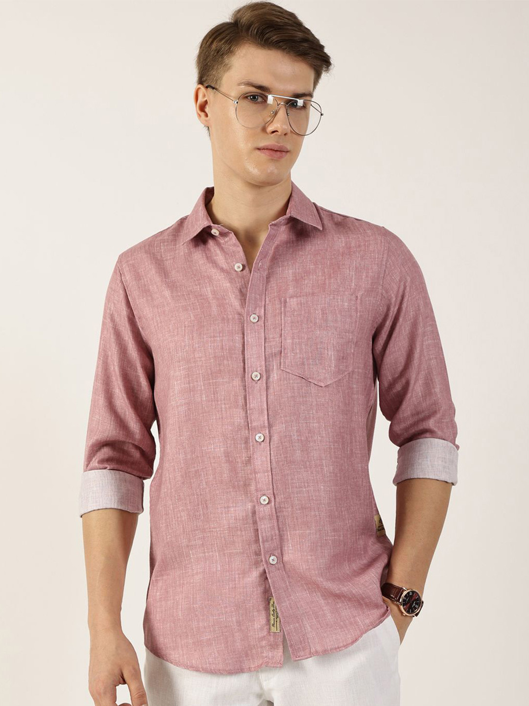 

Thomas Scott Men Premium Spread Collar Solid Slim Fit Casual Shirt, Pink