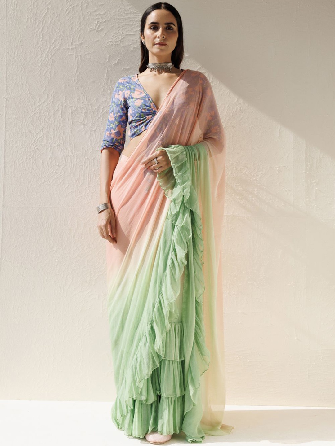 

Geroo Luxe Ombre Ready to Wear Ruffle Saree, Green