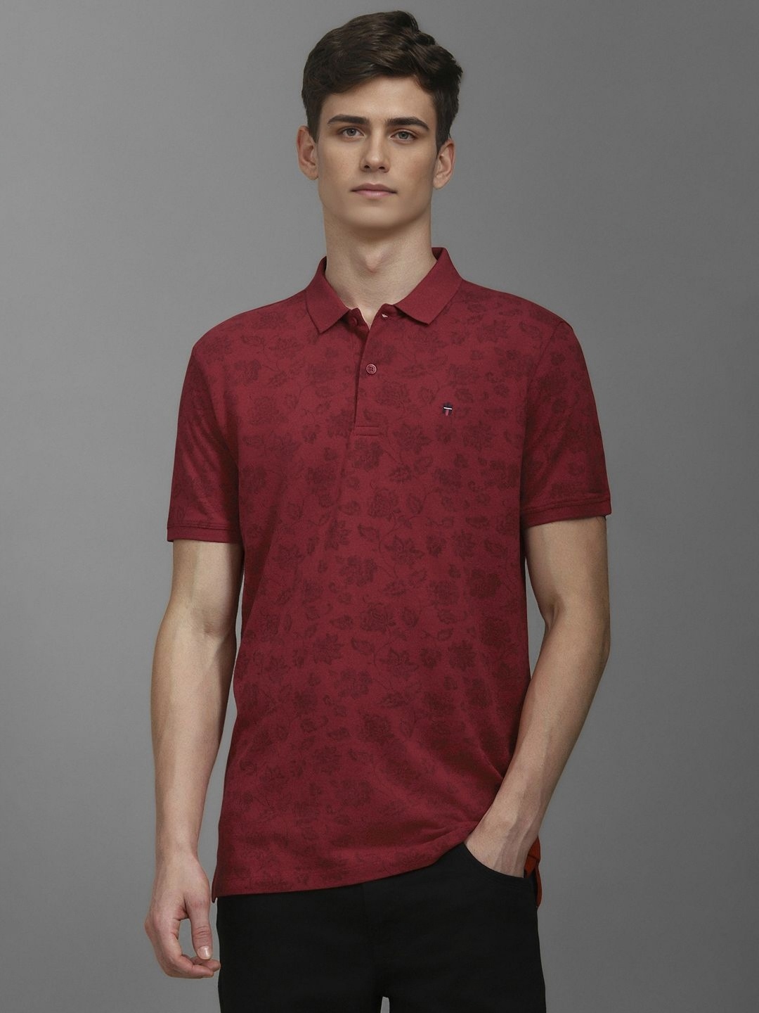 

Louis Philippe Jeans Men Floral Printed Polo Collar Slim Fit Cotton T-shirt, Maroon