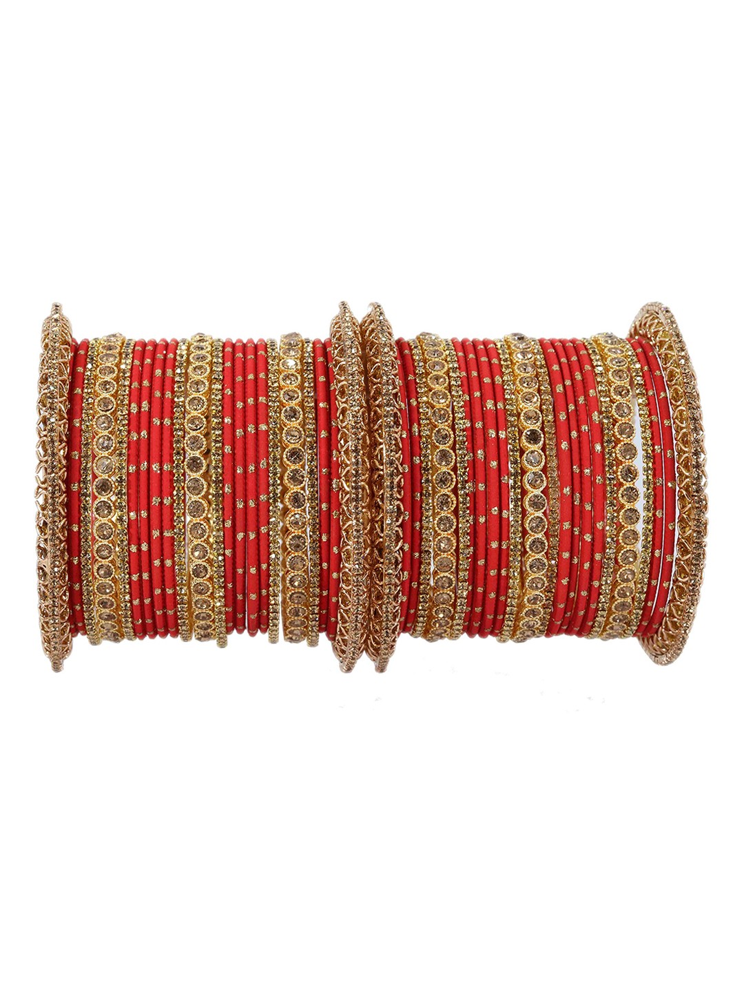 

ZULKA Set Of 46 Gold Plated Metal With Zircon Gemstone and Beads Studded Velvet Bangles, Red