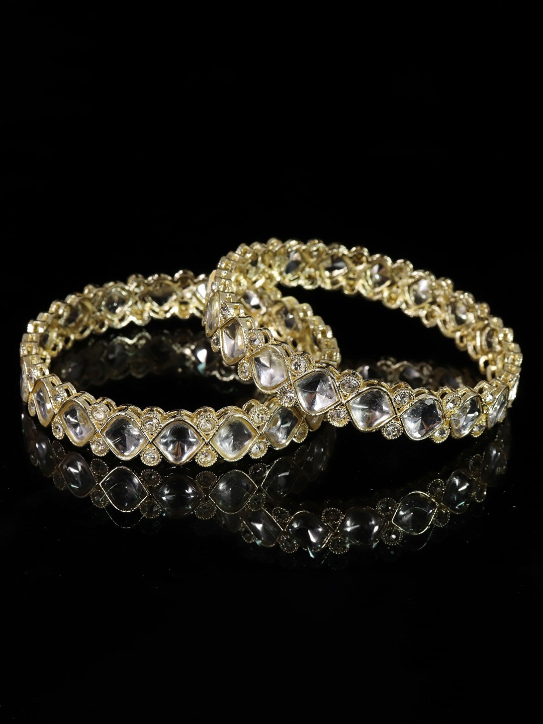 

ZULKA Set of 2 Golden Metal Kundan & Zircon Diamond Bangles, Gold