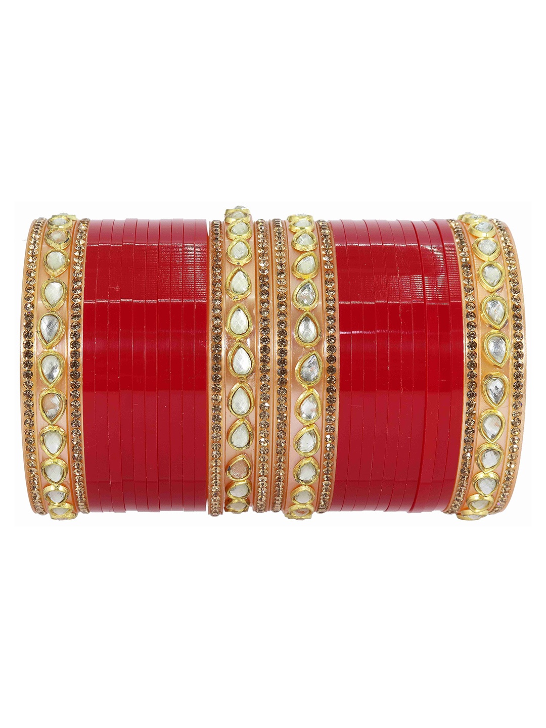 

ZULKA Set Of 82 Zircon Gemstone with Pearls Studded Kaleere Latkan Metal Bangles, Red