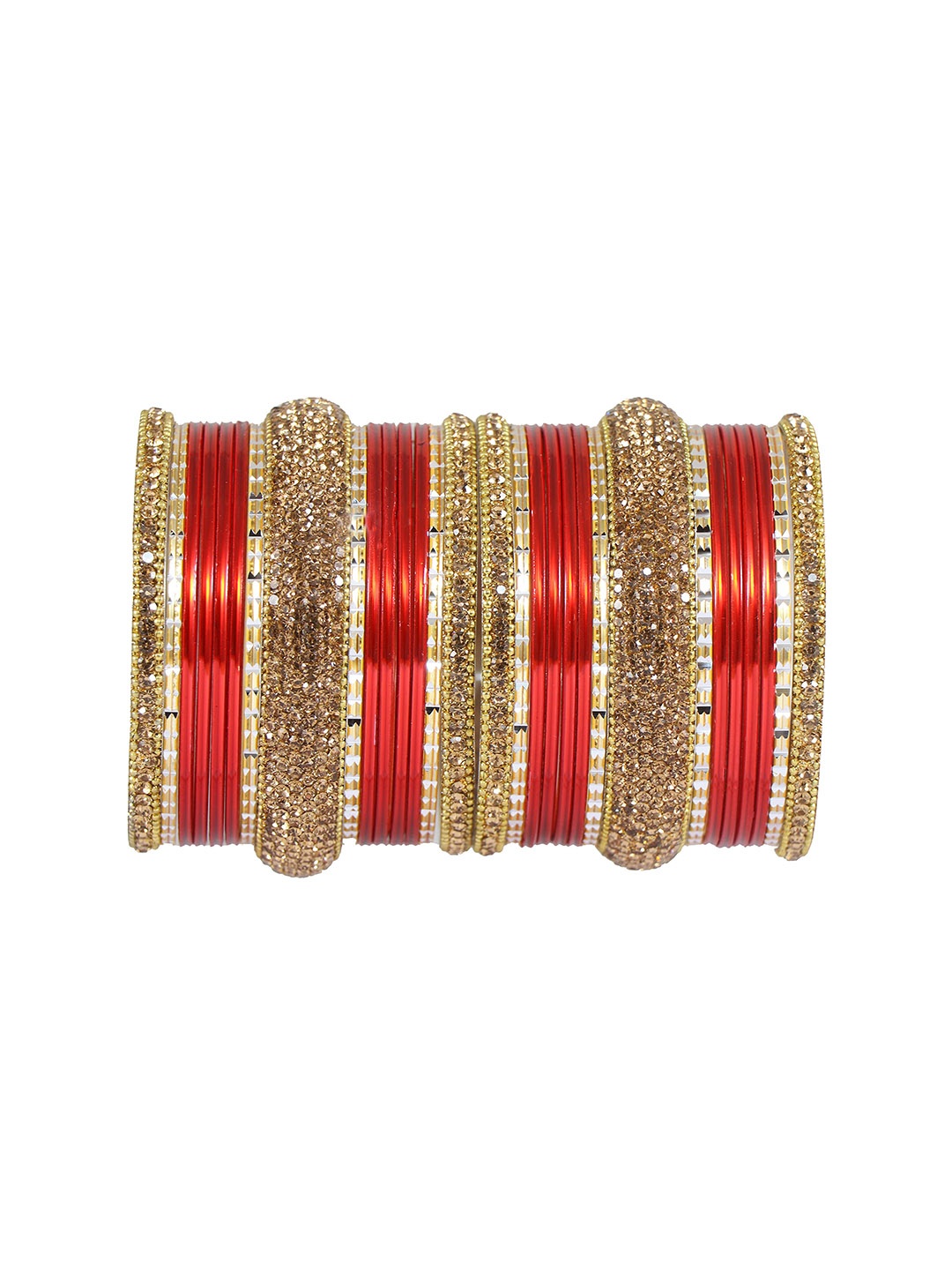 

ZULKA Set of 42 Alloy Base with Zircon Gemstone and Pearl Linked Latkan Bangles, Red