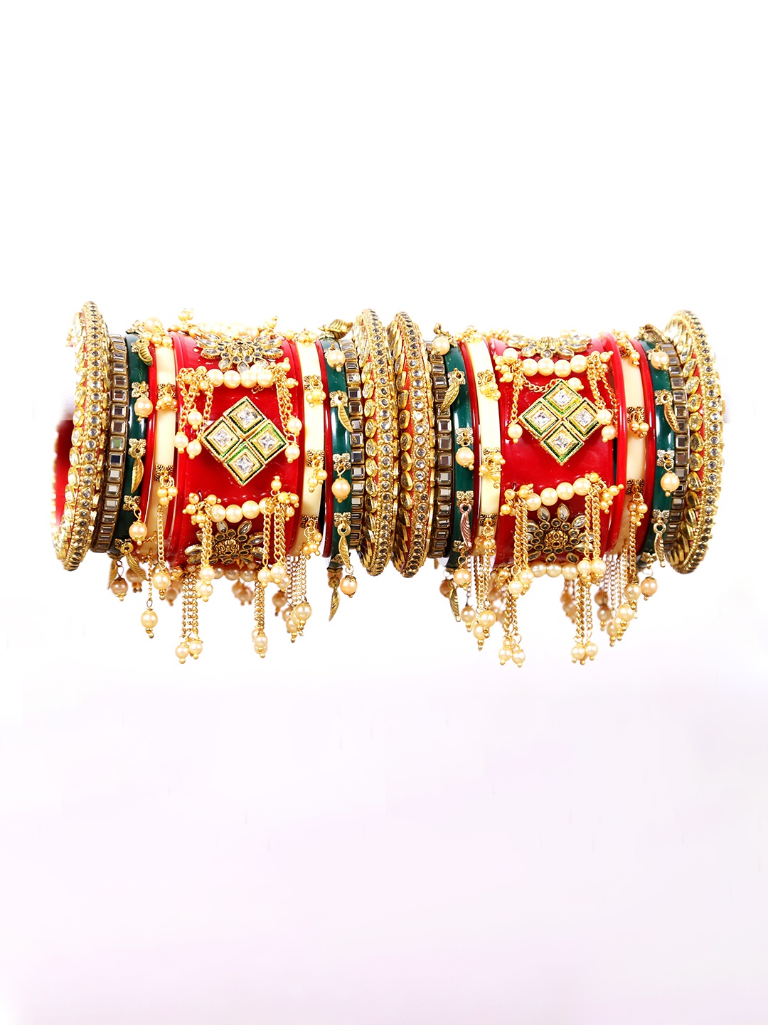 

Align Set Of 2 Gold-Plated Stone-Studded & Pearl Beaded Bangles