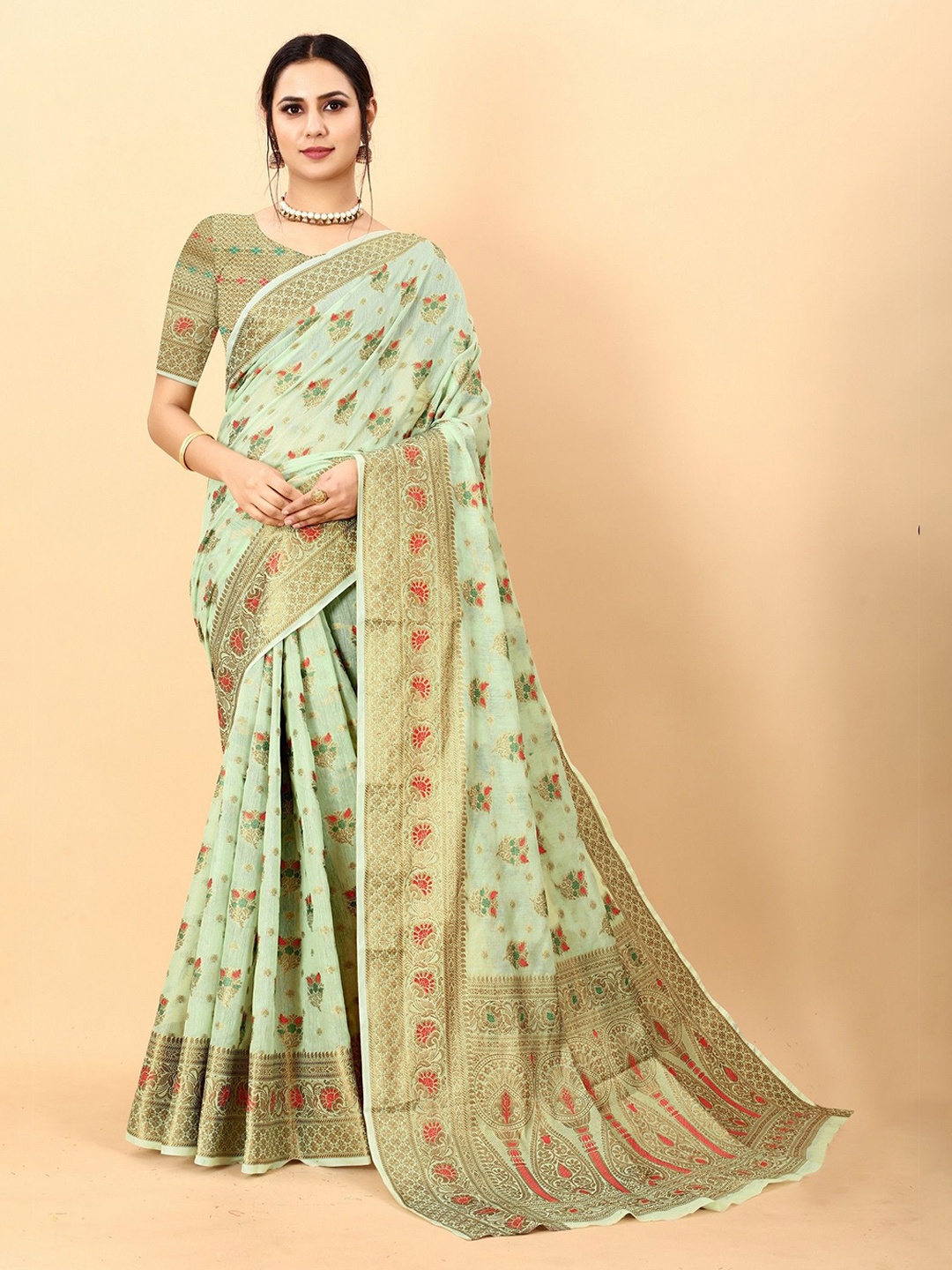 

VARNI FABRICS Woven Design Zari Pure Cotton Saree, Green