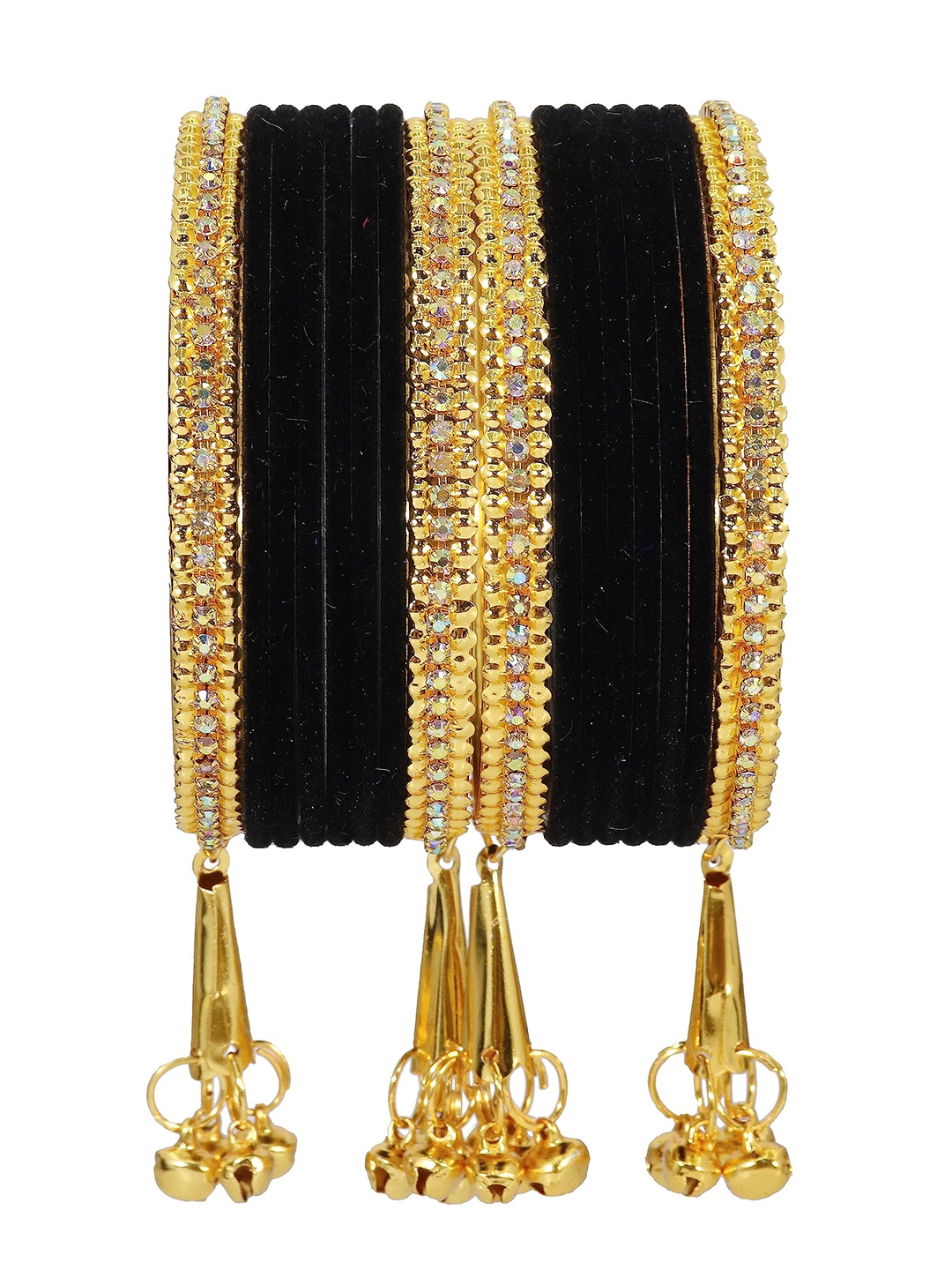 

ZULKA Set Of 16 Gold Plated CZ Stone Studded & Latkan Bangles, Black