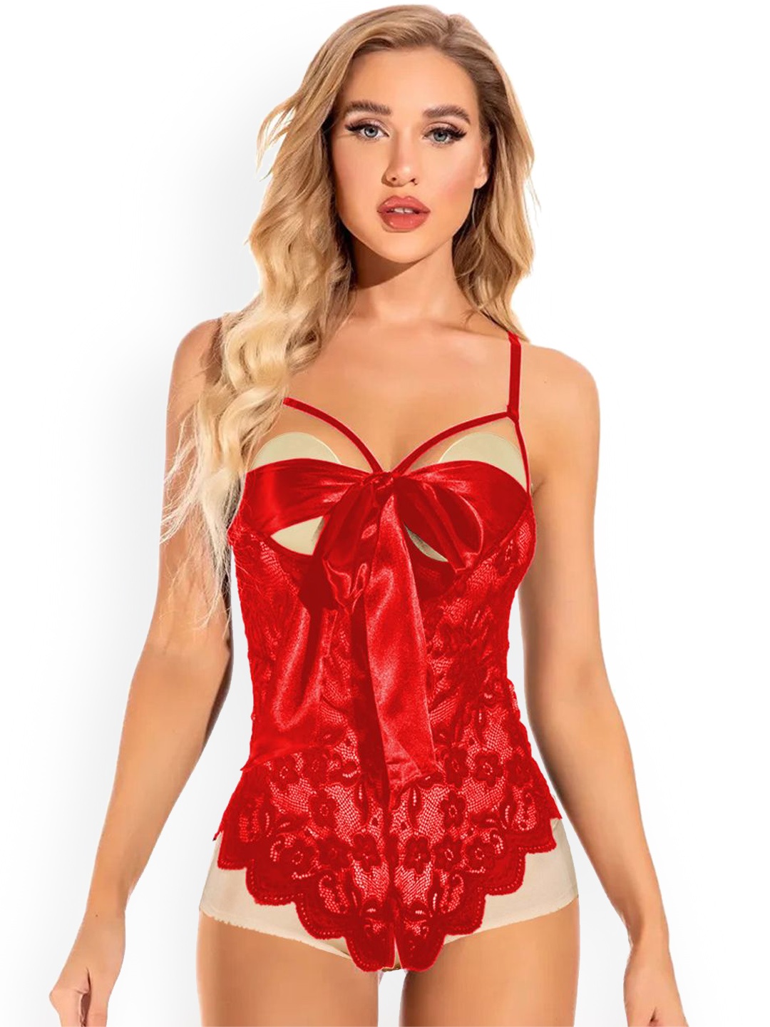 

FIMBUL Net Shoulder Straps Baby Doll with Asymmetric Hem, Red