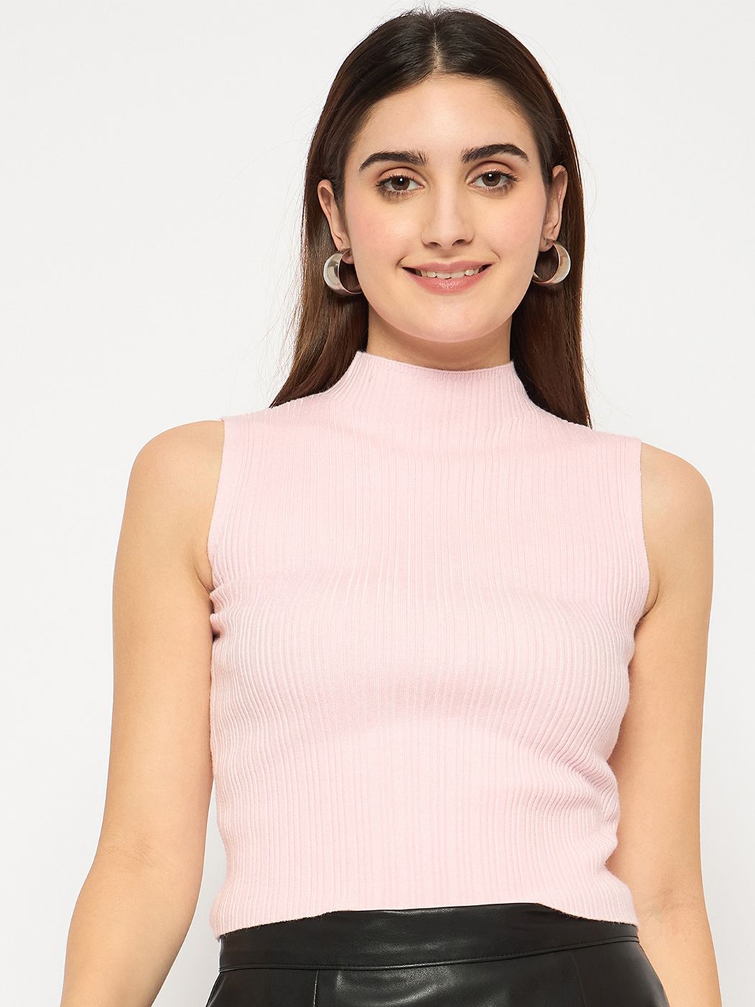 

Madame Women Ribbed Crop Sweater Vest, Pink