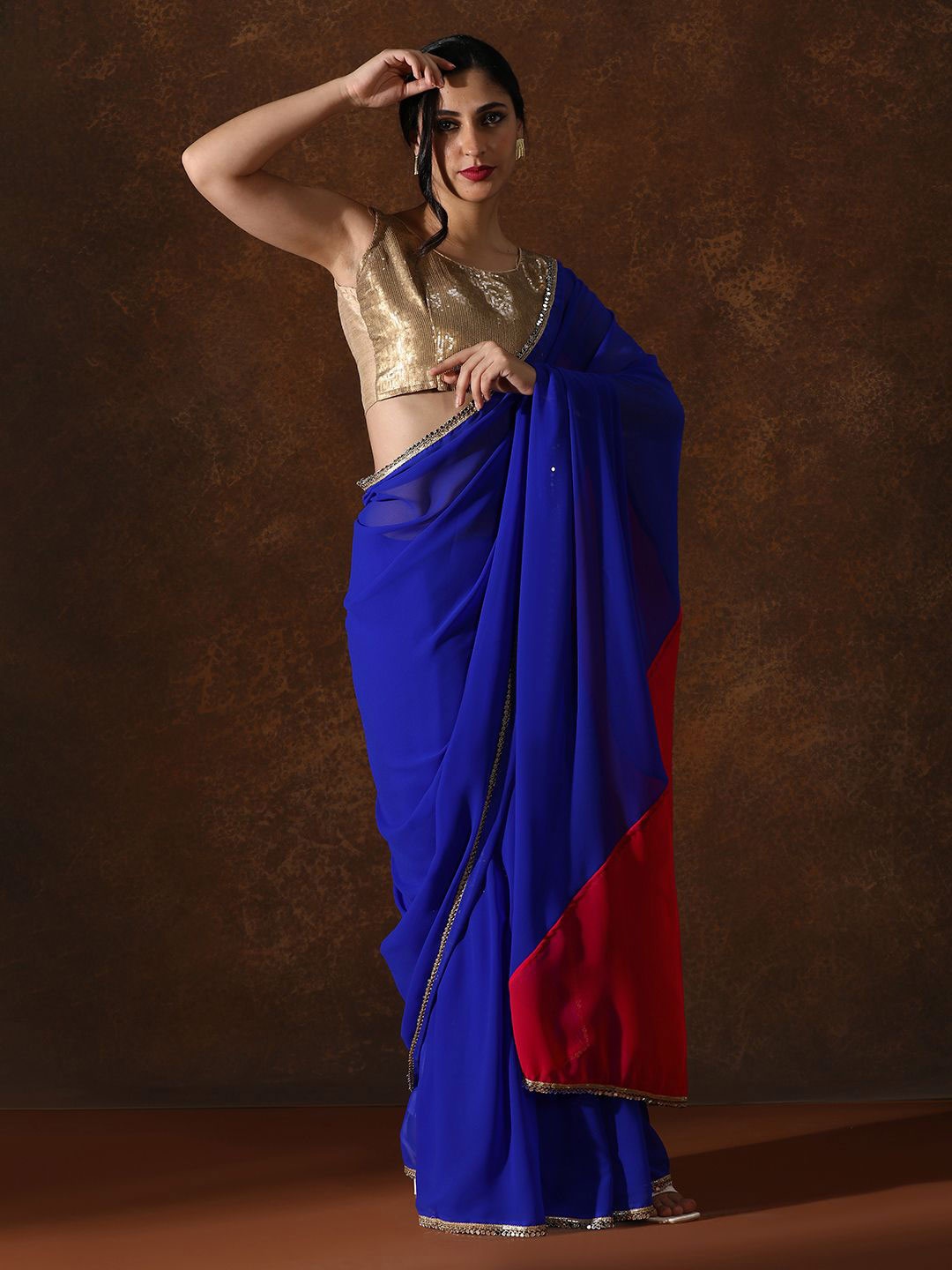

Kalista Colourblocked Mirror Work Pure Georgette Saree, Blue