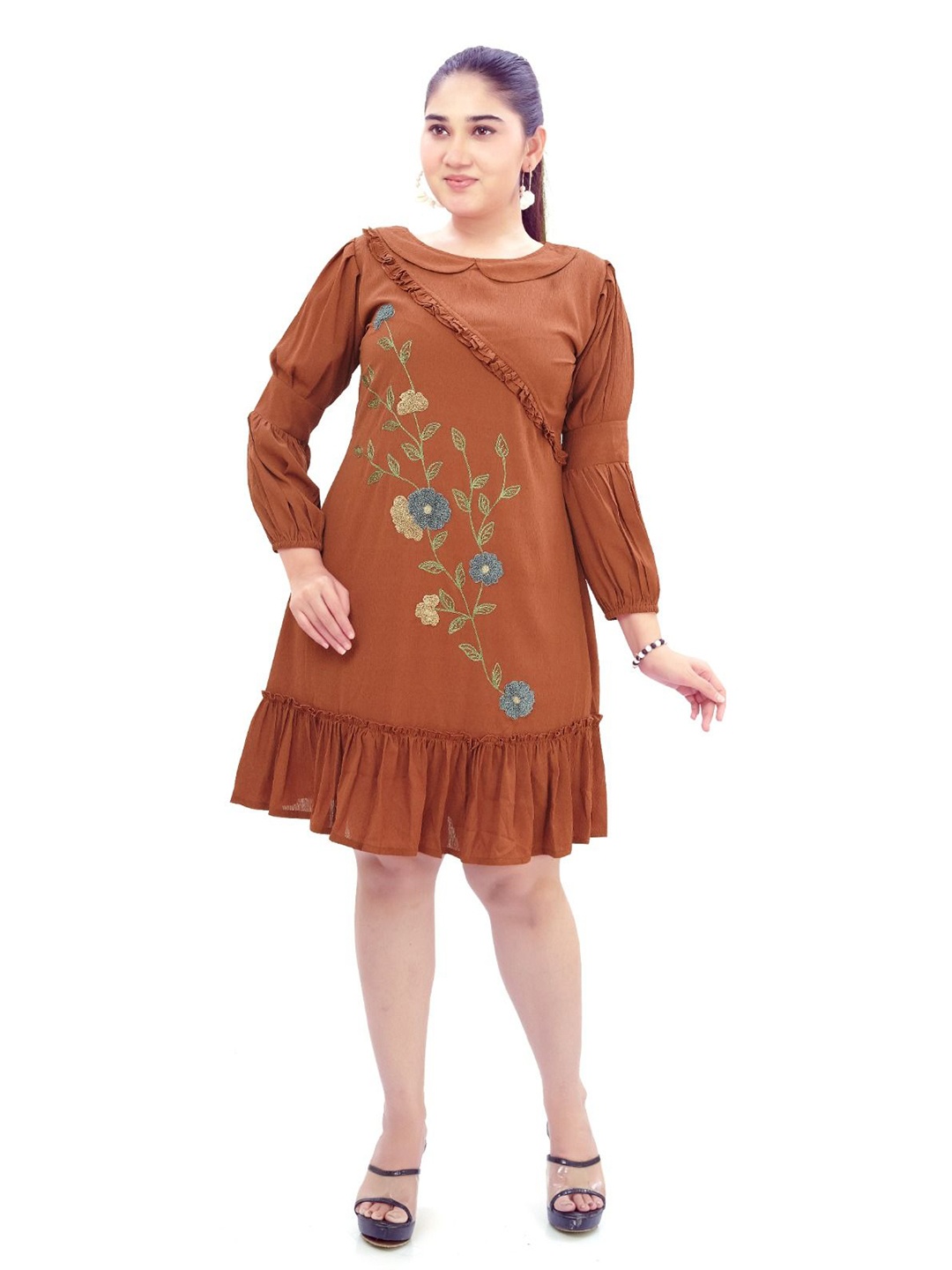 

Ayukti Women Floral Embroidered A-Line Dress, Brown