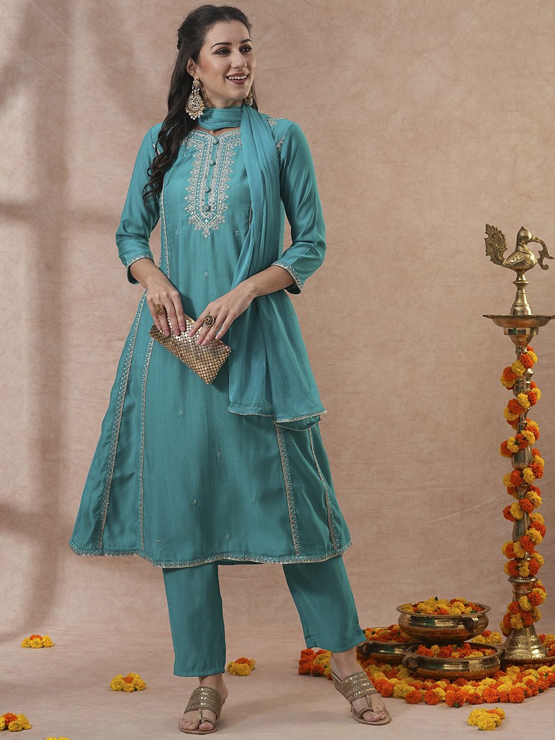 

FASHOR Ethnic Motifs Embroidered Regular A-Line Kurta with Trousers & Dupatta, Blue