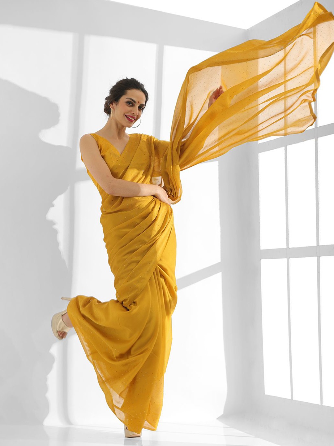 

Kalista Embellished Beads and Stones Pure Chiffon Saree, Mustard