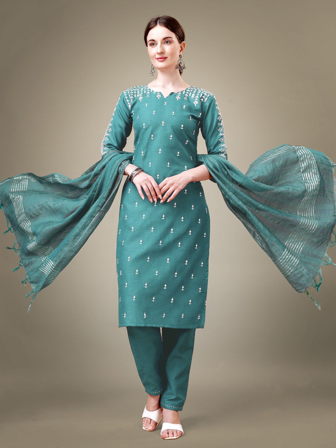 

BERISTON Floral Embroidered Straight Kurta with Trousers & With Dupatta, Teal