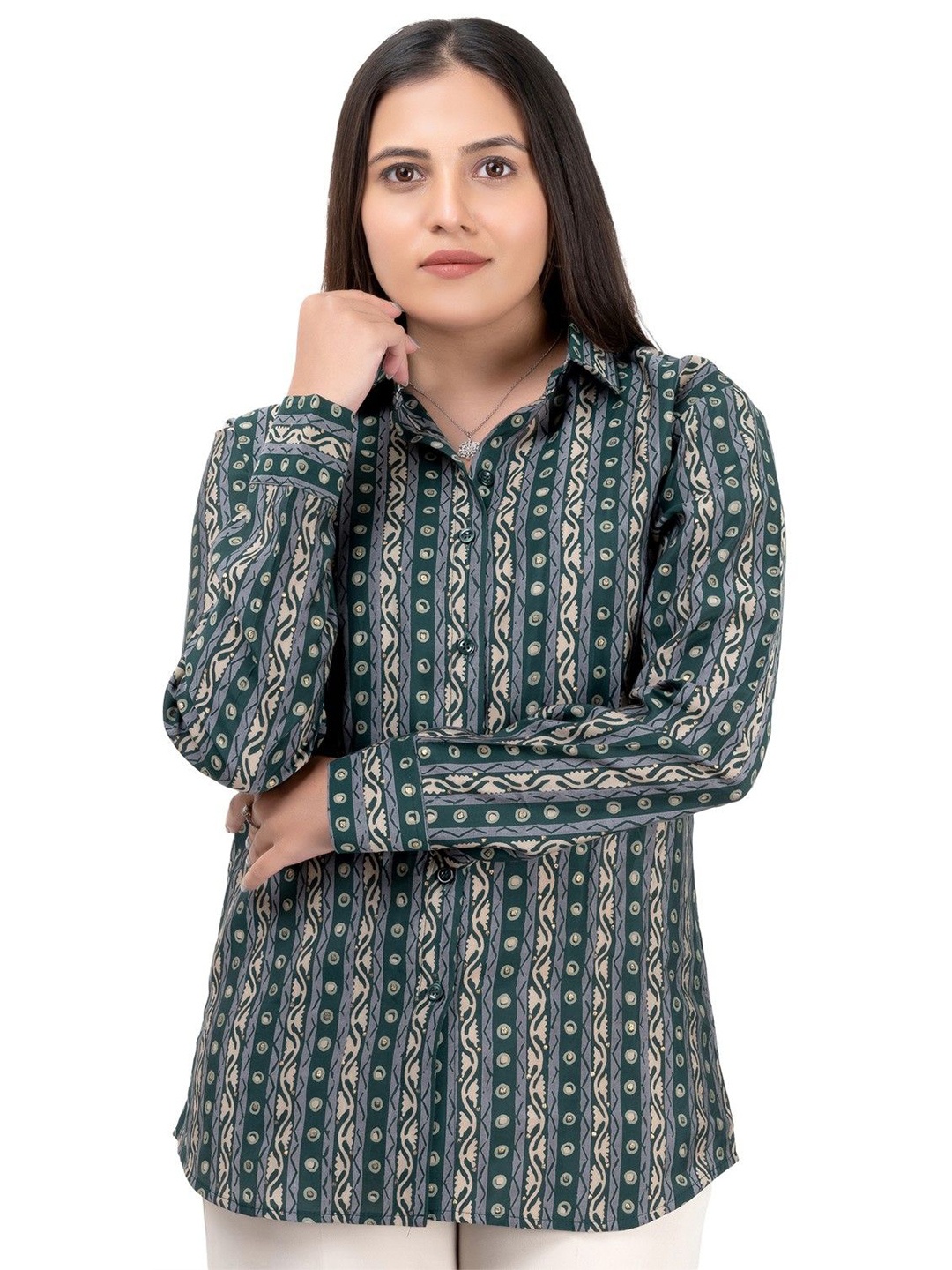 

MatterBlue Women Comfort Spread Collar Vertical Striped Relaxed Fit Casual Shirt, Green