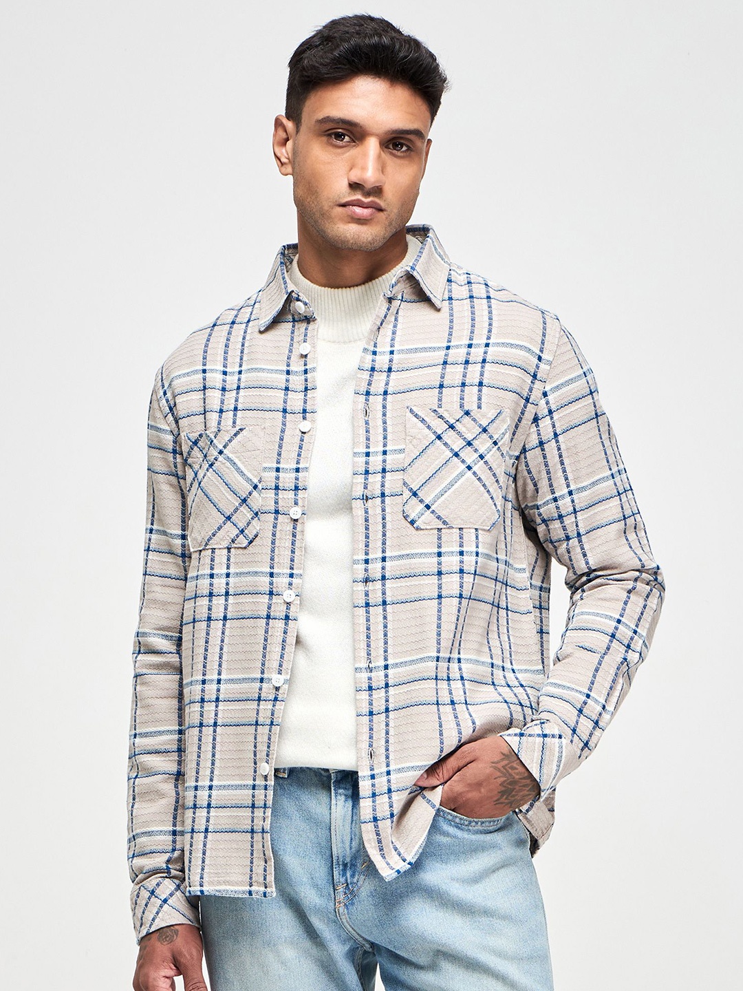 

Red Flame Men Spread Collar Tartan Checked Cotton Relaxed Fit Casual Shirt, Beige