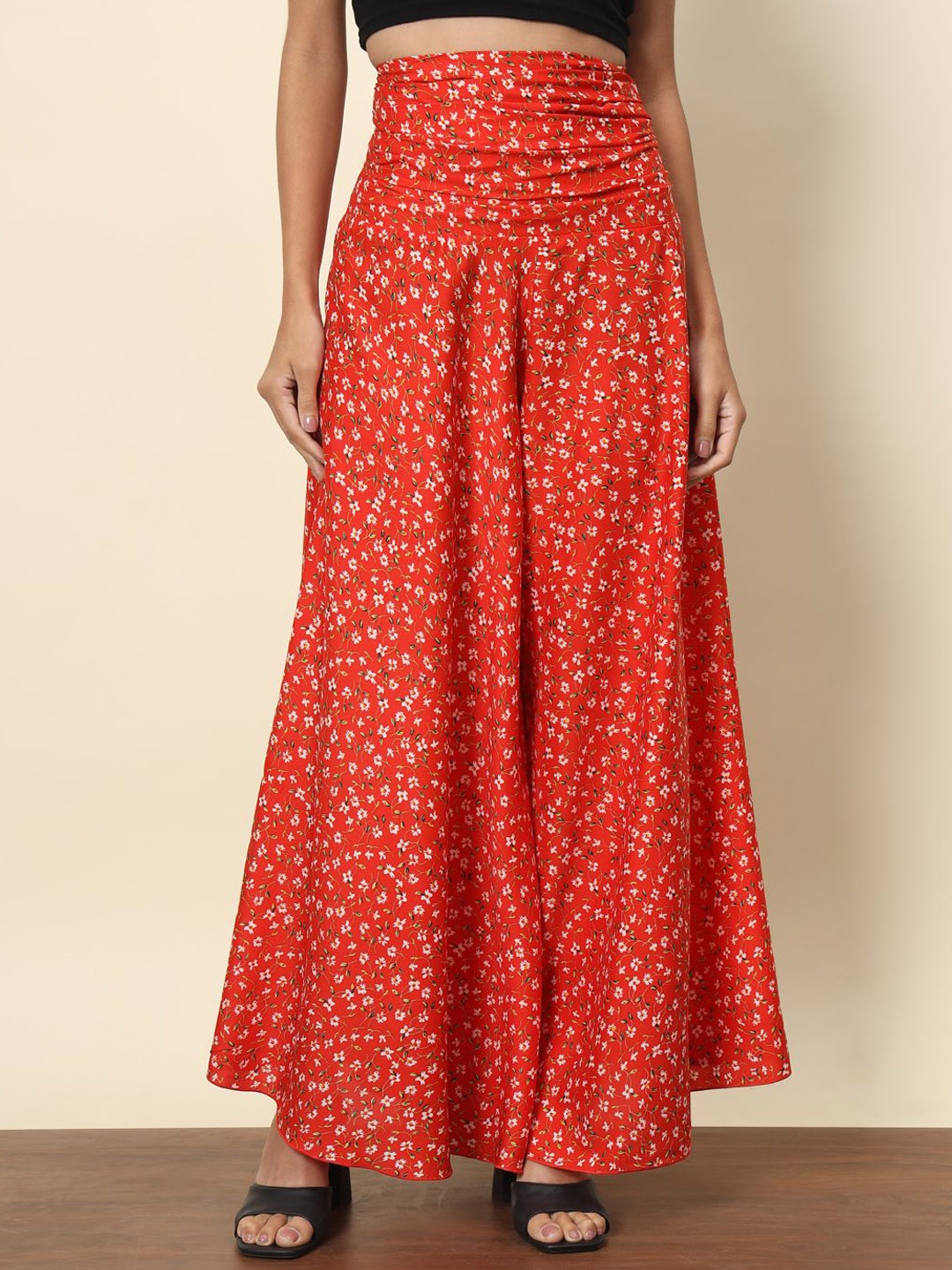 

BAESD Women Floral Printed Flared High-Rise Palazzos, Orange