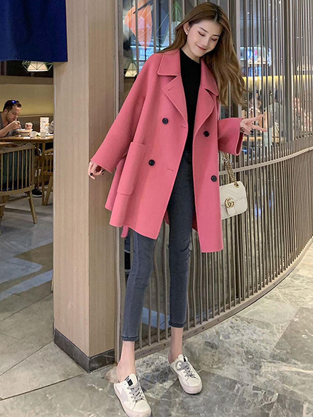 

LULU & SKY Women Notched Lapel Single-Breasted Overcoat, Pink