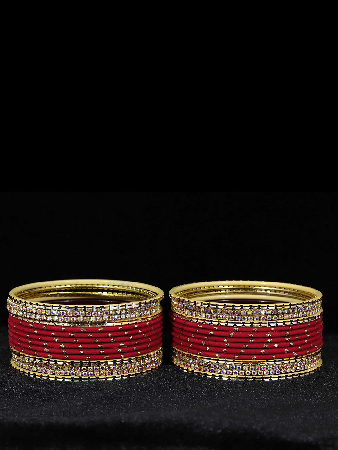 

ZULKA Set of 28 Gold-Plated Artificial Stones and Beads Studded Bangles, Red